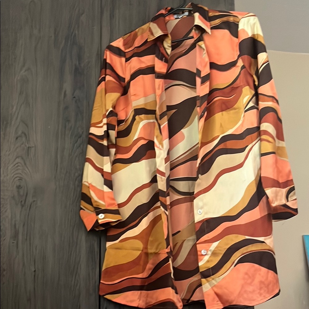 Beginning Boutique Orange and Brown Abstract Print Long Sleeve Midi Dress